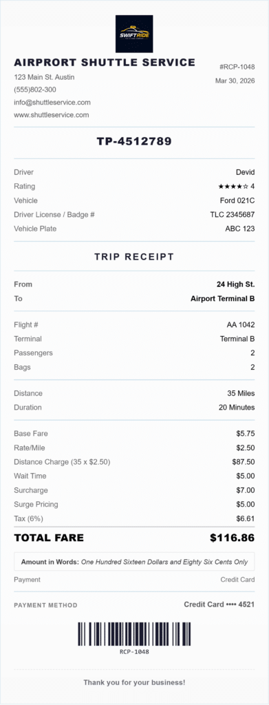 taxi receipt template
