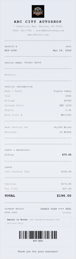 Mechanic receipt generator