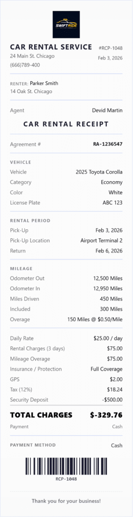 car rental receipt generator