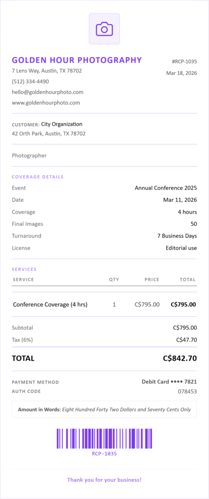 Event photography receipt