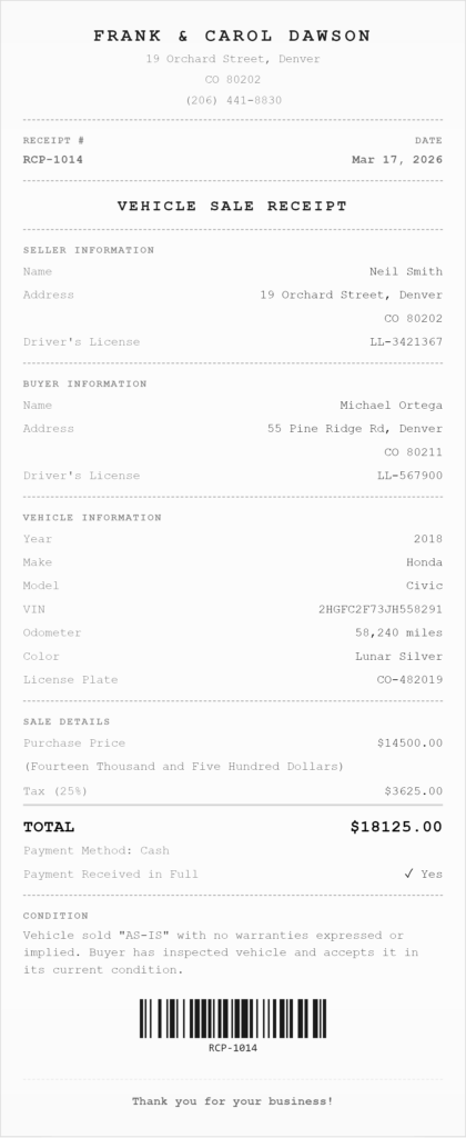 Car sale cash receipt