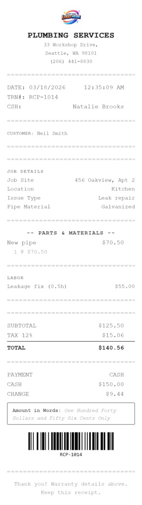 Plumber receipt