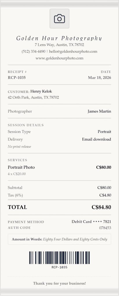 photography receipt generator