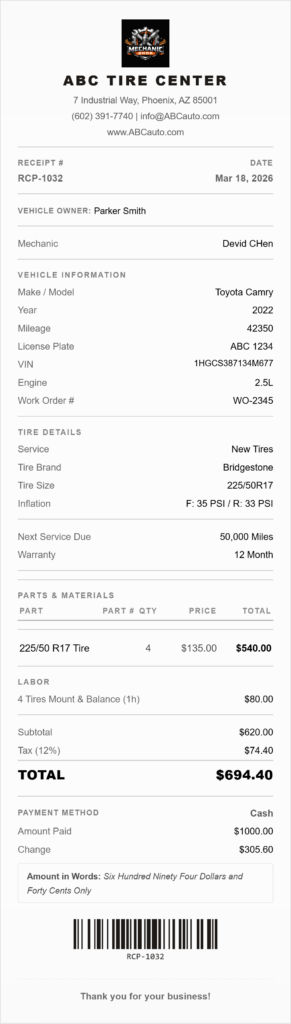 auto mechanic receipt template