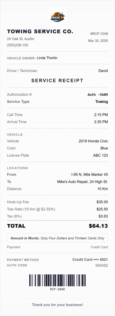 Towing receipt