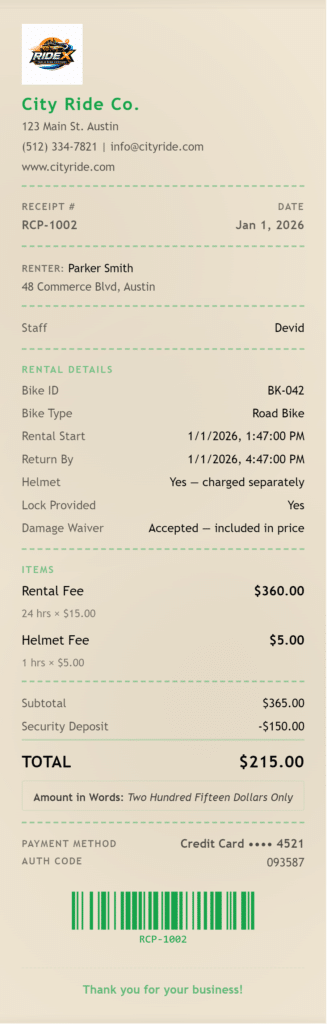bike rental receipt