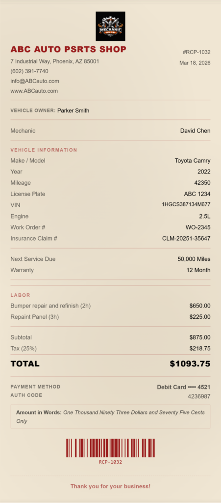 mechanic receipt generator