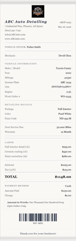 car detailing receipt