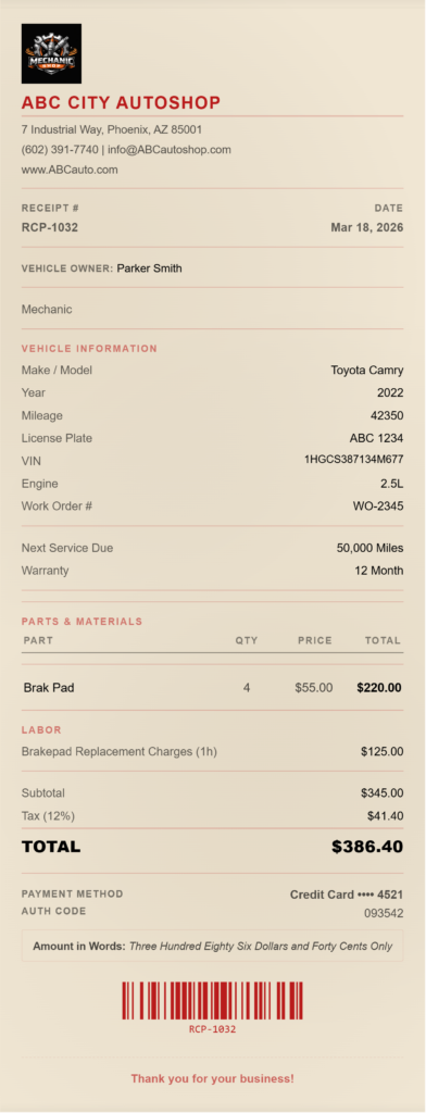 mechanic receipt template