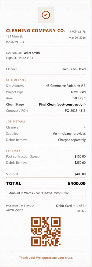 construction cleaning receipt