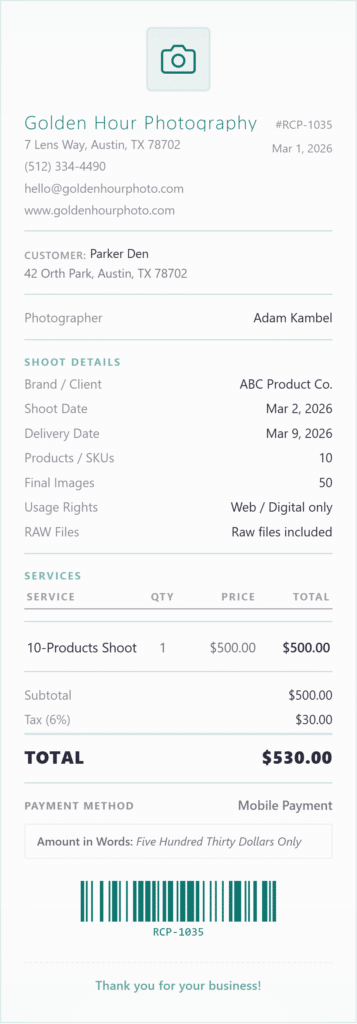 photography services receipt