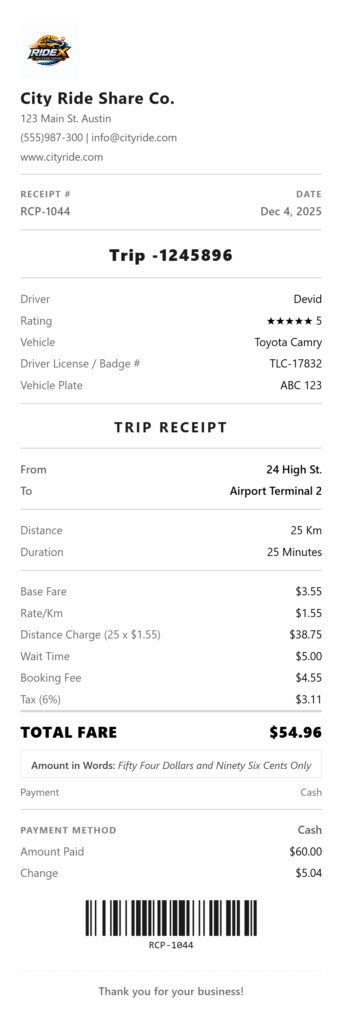 rideshare receipt template