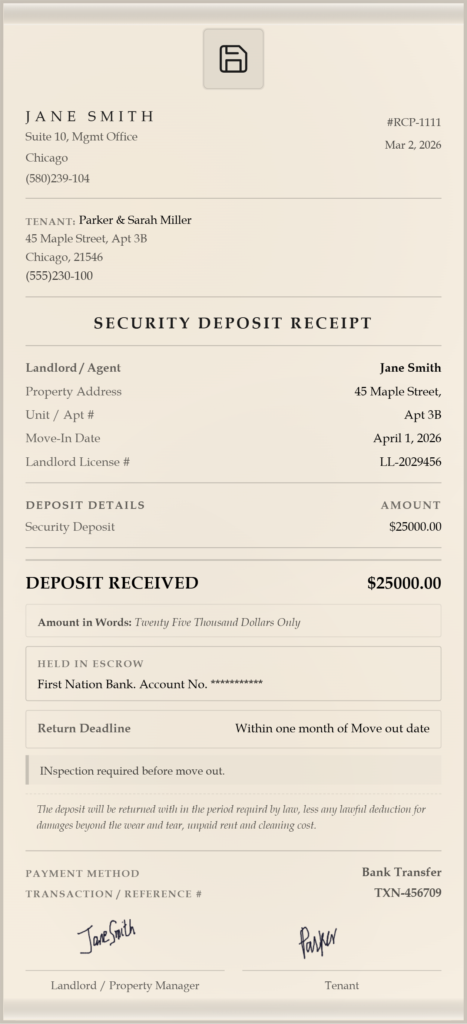 security deposit rent receipt