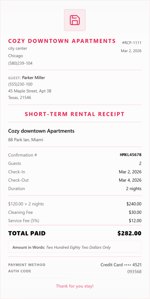 Short term rental receipt