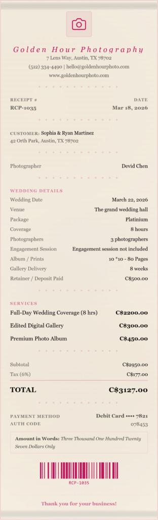 wedding photography receipt