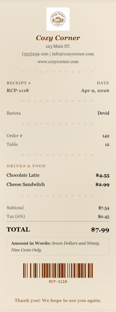 coffe shop receipt template