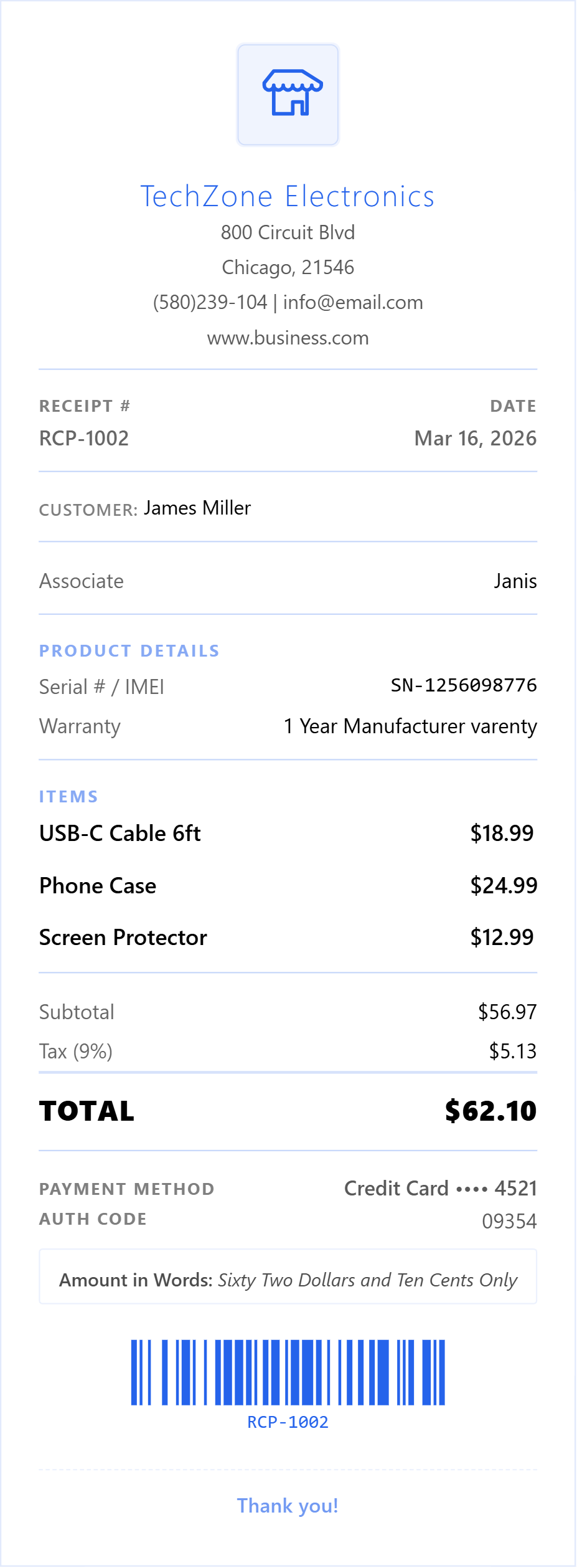 Electronic store receipt template