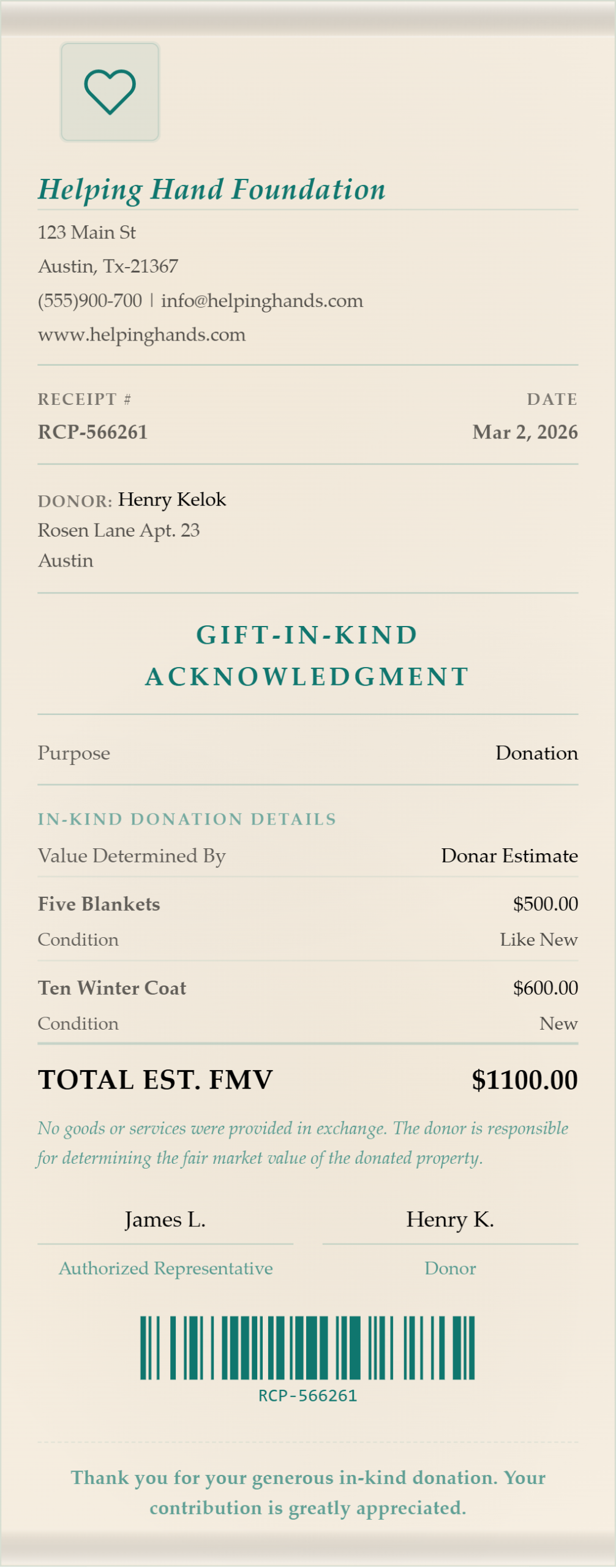Nonprophit foundation donation receipt