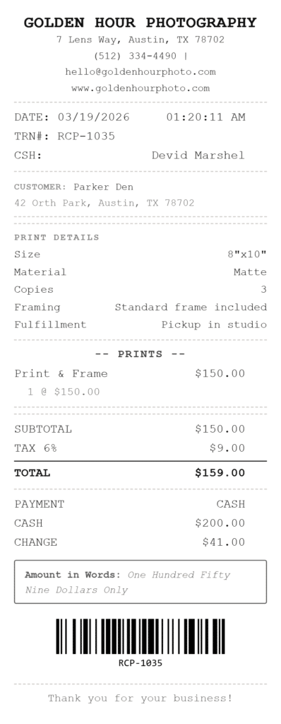 receipt template for photography services