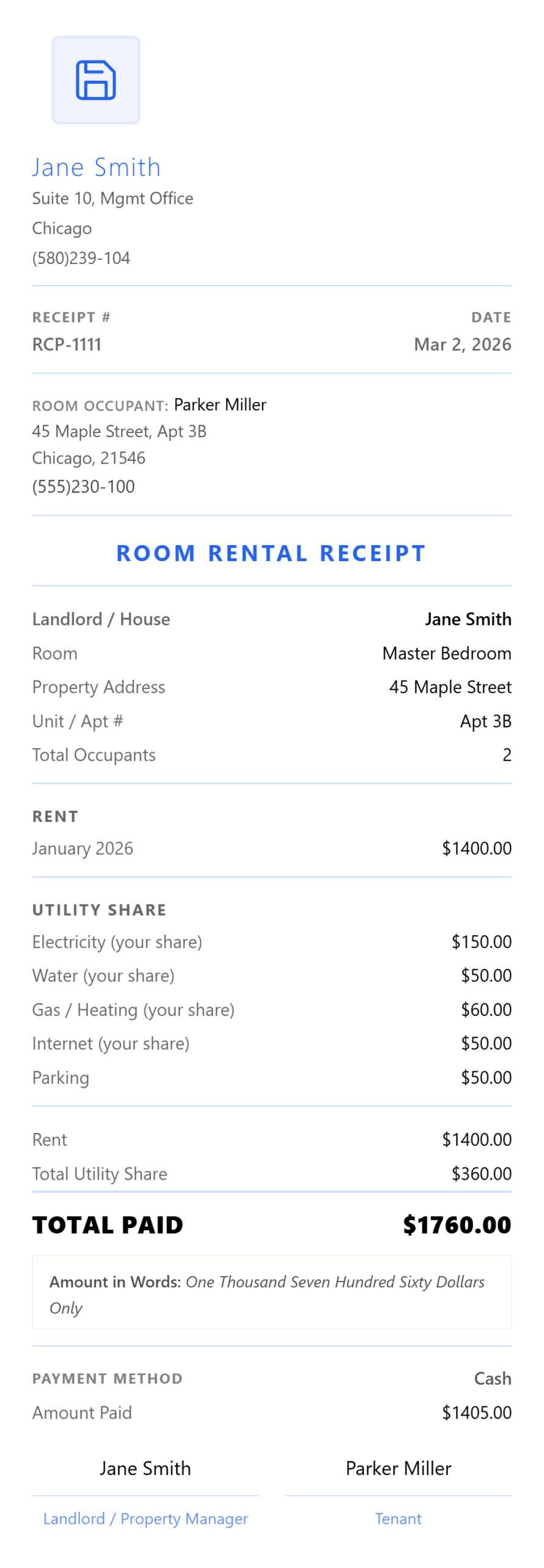 share room rent receipt
