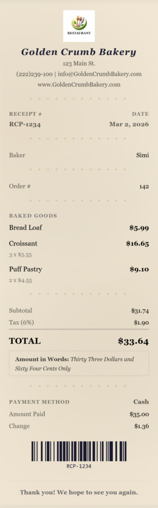 bakery receipt template