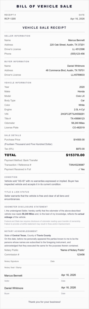 car sale receipt generator