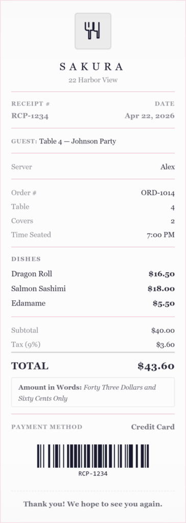 Sushi bar receipt template