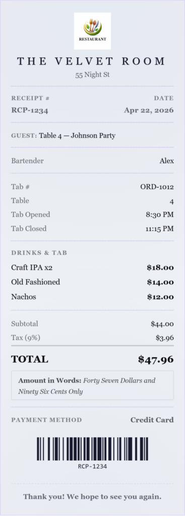 bar tab receipt template