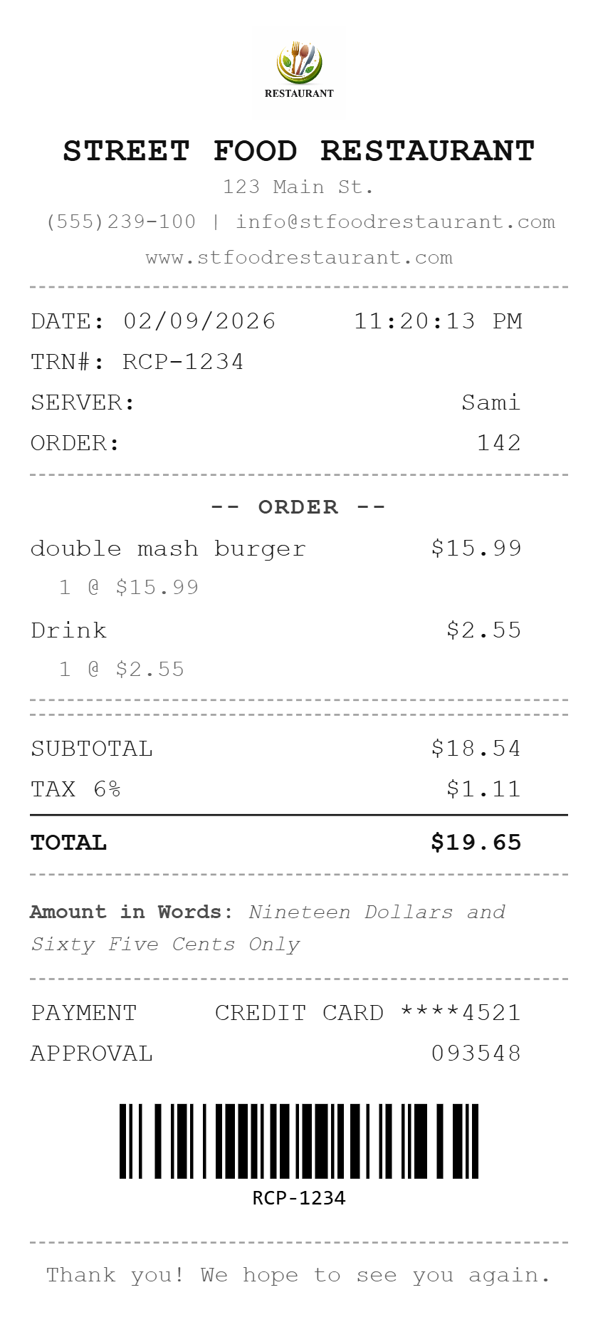fast food restaurant receipt template