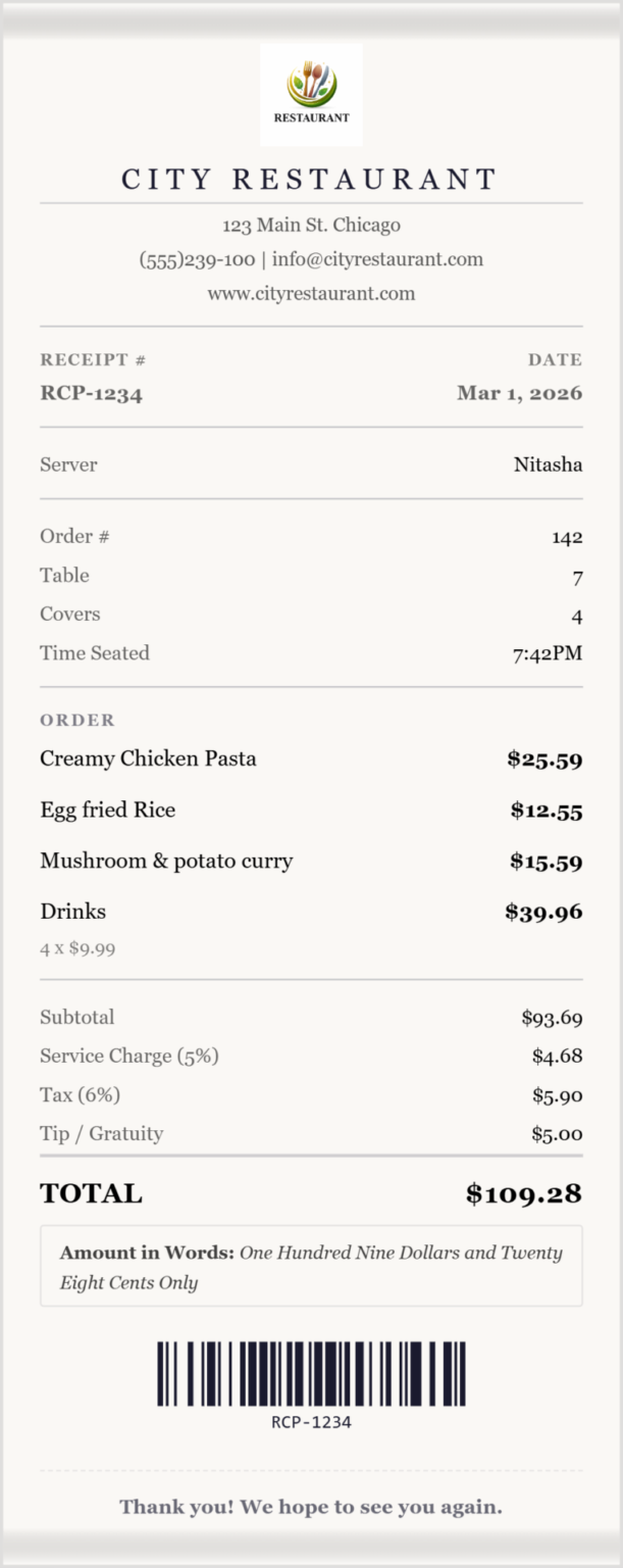 Free Restaurant Receipt Generator — Itemized & Printable