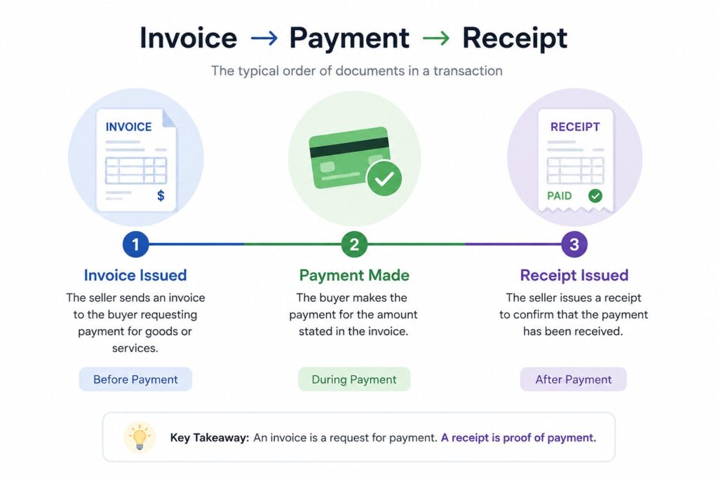 Invoice vs receipt comparison showing an invoice requesting payment before, and a receipt confirming payment after