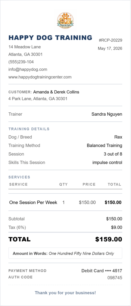 Dog Training receipt generator