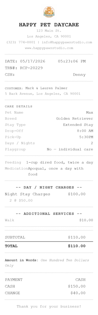 pet care receipt generator