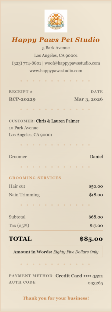 Pet grooming receipt template