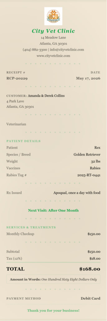 Vet clinic receipt
