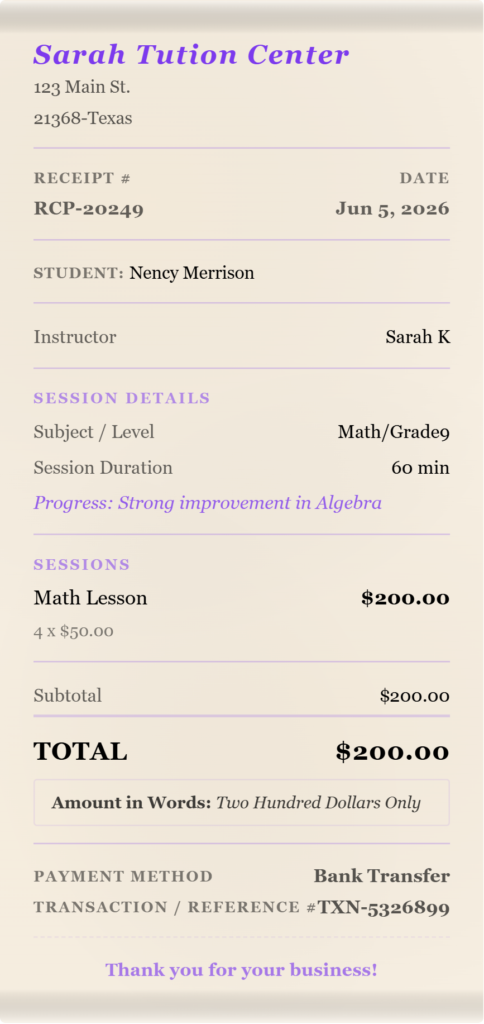 private tutor receipt tyemplate