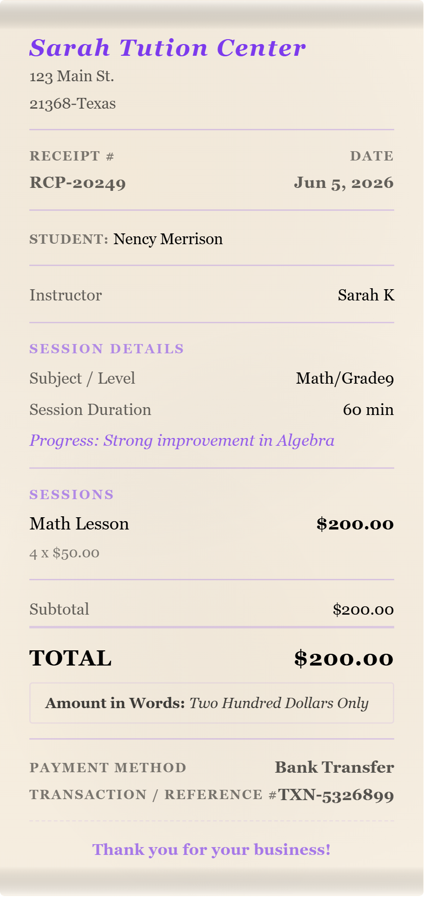 Tutor Receipt Generator — Private Lessons, Online Classes and More